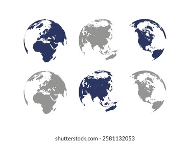 Earth Globe in different designs. World Map in circle. Earth Globes collection. World Map in modern simple styles. Earth Map, isolated on white background. Globes web icon. Vector illustration 