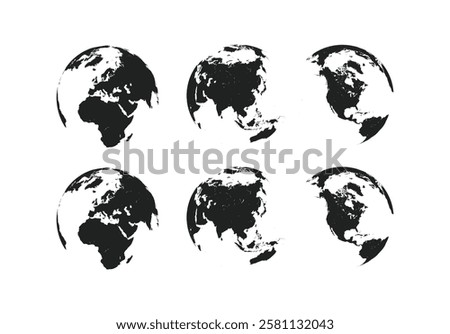 Earth Globe in different designs. World Map in circle. Earth Globes collection. World Map in modern simple styles. Earth Map, isolated on white background. Globes web icon. Vector illustration 