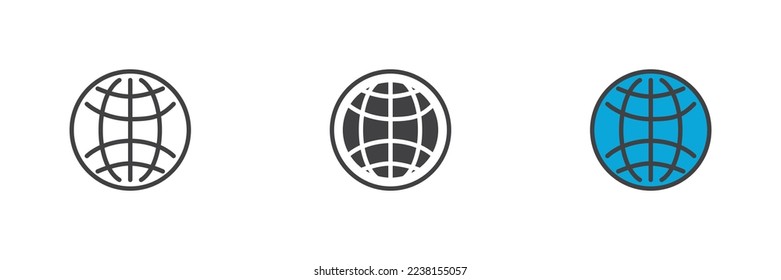 Earth globe different style icon set. Line, glyph and filled outline colorful version, globe grid outline and filled vector sign. Symbol, logo illustration. Vector graphics