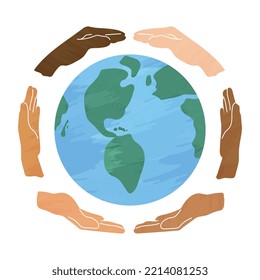Earth globe with diverse hands vector illustration. Textured flat cartoon style. Save the planet together concept. Ecology icon 