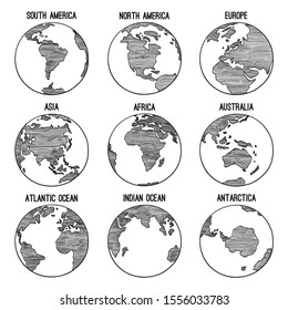 Earth globe doodle. Planet sketched map america india africa continents vector hand drawn illustrations