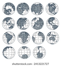 Conjunto de doodles del globo terrestre. Esbozo del globo. El planeta esbozó un mapa de América, la india, África, Europa, Asia continentes ilustraciones hechas a mano por vectores. Esbozar en la ilustración de tinta. 