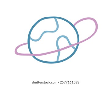 Earth globe in doodle style. Simple abstract planet ball with orbit. World orb, sphere map, cute naive childlike drawing. Kids childish contoured flat vector illustration isolated on white background