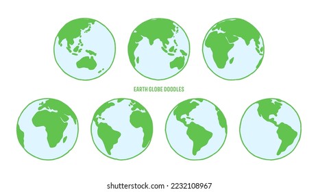 Earth globe doodles, hand drawn globes illustration