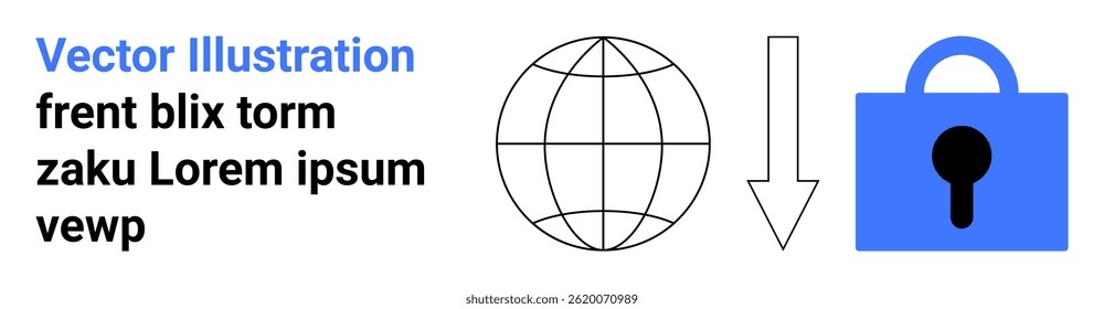 Earth globe, downward arrow, and blue lock symbol indicating data download security. Ideal for cybersecurity, data protection, internet privacy, secure downloads, global networks, online safety