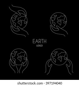 Earth Globe Emblem. Icon Set on black background. Vector