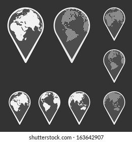 Earth Globe Emblem. Map Pointer Set. Vector