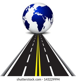 Earth globe at the end of road on white background. Isolated 3D image