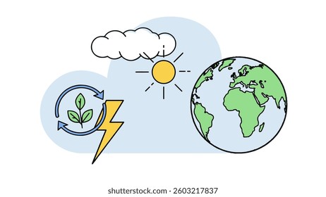 Earth globe energy concept image. Sun cloud renewable energy lightning. Ecology nature environment solutions design. Light background flat vector illustration