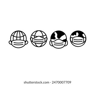 earth globe with face mask icon vector design symbol flat black white illustration collections templates sets isolated