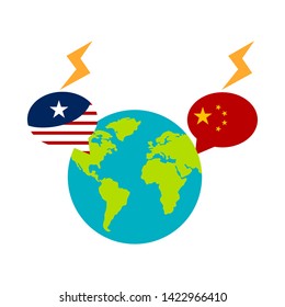 Earth globe with flags of United States and China bubble chat shaped. Trade war concept - Vector