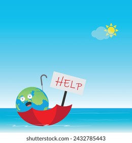 Earth globe floating on water in a red umbrella with the message help