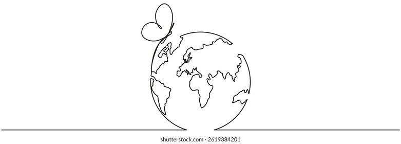 Earth globe with flying butterfly continuous line drawing symbol. World map one line art. Springtime concept. Vector illustration isolated on white background.
