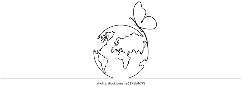 Earth globe with flying butterfly continuous line drawing symbol. World map one line art. Springtime concept. Vector illustration isolated on white background.