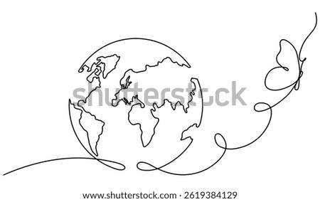 Earth globe with flying butterfly continuous line drawing symbol. World map one line art. Springtime concept. Vector illustration isolated on white background.
