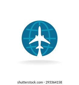 Earth Globe With Flying Plane Silhouette Logo