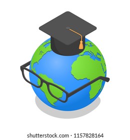 Earth globe geography graduated glasses icon. Isometric of earth globe geography graduated glasses vector icon for web design isolated on white background