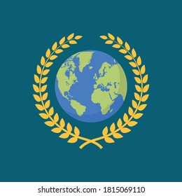Earth globe with golden wreath logo symbol. Vector illustration