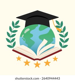 Earth globe graduation cap with open book vector design. Education and knowledge logo.