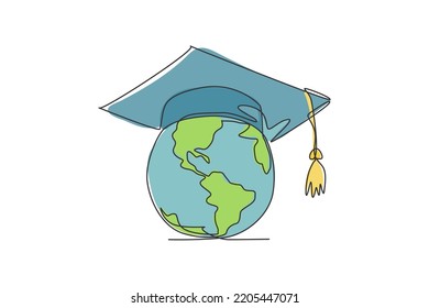 Earth globe with graduation hat. One line drawing of minimalist vector illustration design on white background. Isolated simple line modern graphic style. Hand drawn graphic concept for education