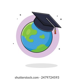 Earth Globe with Graduation Hat Vector Illustration. Graduation Concept Design