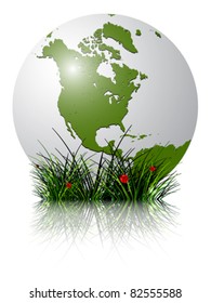 earth globe and grass reflected against white background; abstract vector art illustration; image contains transparency and clipping masks eco global warming