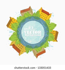 Earth globe with green city and retro buildings. Vector  illustration