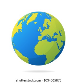 Earth globe with green continents. Modern 3d world map concept. World map realistic blue ball vector illustration.