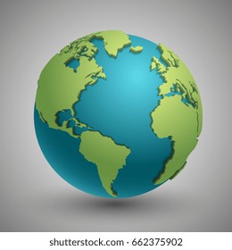 Earth globe with green continents. Modern 3d world map concept. Green planet with continent illustration