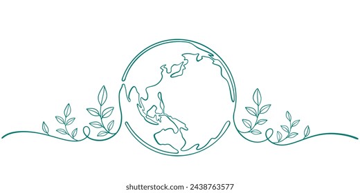 earth globe with green leaves line art style vector illustration, eart day, environment day illustration