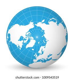 Earth globe with green world map and blue seas and oceans focused on Arctic Ocean and North Pole. With thin white meridians and parallels. 3D vector illustration.