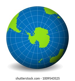 Earth globe with green world map and blue seas and oceans focused on Antarctica with South Pole. With thin white meridians and parallels. 3D vector illustration.