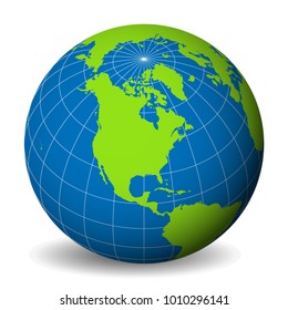 Earth globe with green world map and blue seas and oceans focused on North America. With thin white meridians and parallels. 3D vector illustration.