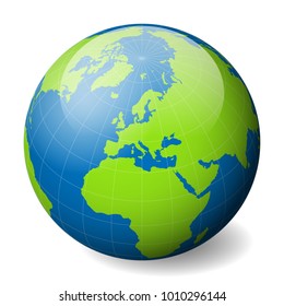 Earth globe with green world map and blue seas and oceans focused on Europe. With thin white meridians and parallels. 3D glossy sphere vector illustration.