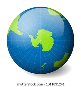 Earth globe with green world map and blue seas and oceans focused on Antarctica and South Pole. With thin white meridians and parallels. 3D glossy sphere vector illustration.