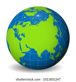 Earth globe with green world map and blue seas and oceans focused on Asia. With thin white meridians and parallels. 3D vector illustration.