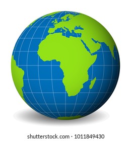 Earth globe with green world map and blue seas and oceans focused on Africa. With thin white meridians and parallels. 3D vector illustration.