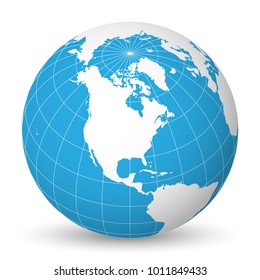 Earth globe with green world map and blue seas and oceans focused on North America. With thin white meridians and parallels. 3D vector illustration.