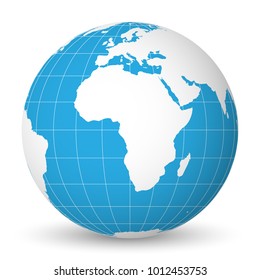 Earth globe with green world map and blue seas and oceans focused on Africa. With thin white meridians and parallels. 3D vector illustration.
