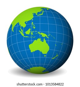 Earth globe with green world map and blue seas and oceans focused on Australia. With thin white meridians and parallels. 3D vector illustration.