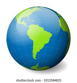 Earth globe with green world map and blue seas and oceans focused on South America. With thin white meridians and parallels. 3D glossy sphere vector illustration.