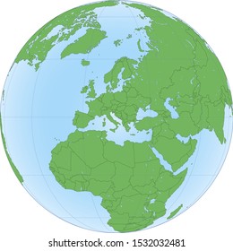 Earth globe with green world map and blue seas and oceans focused on Europe