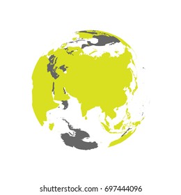 Earth globe with green world map. Focused on Asia. Flat vector illustration.