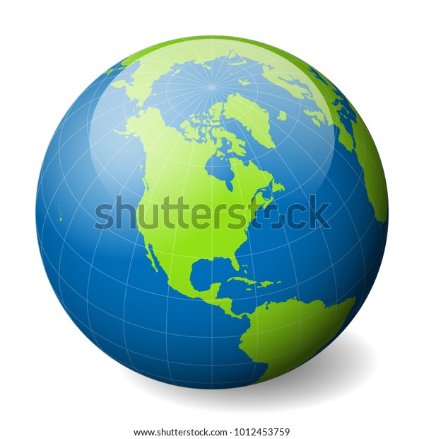 緑の世界地図と 北米にフォーカスを当てた青い海と海を持つ地球儀 細い白い子午線と平行線3d光沢球のベクターイラスト のベクター画像素材 ロイヤリティ フリー