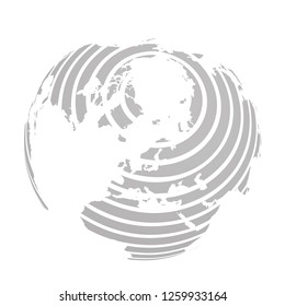 Earth globe with grey striped World land map focused on Europe and Antarctica with North Pole. 3D vector illustration.