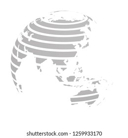 Earth globe with grey striped World land map focused on Asia. 3D vector illustration.