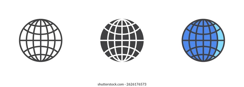 Earth globe grid different style icon set. Line, glyph and filled outline colorful version, outline and filled vector sign. Symbol, logo illustration. Vector graphics