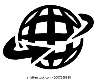 Planeta terrestre con rejilla, latitud, longitud, rotación, rotación, hilatura, vector, ilustración en color negro y blanco, aislado en fondo blanco