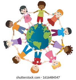 Earth globe with group of diverse multiethnic children in a circle smiling and holding hands. Diversity and culture. Unity and friendship. Community. Multicultural Kindergarten. Childhood