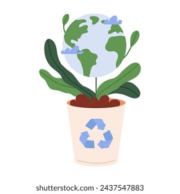 Earth globe growing in flower pot. Sustainability or recycling concept. Blooming planet earth. Flat vector illustration isolated on white background.